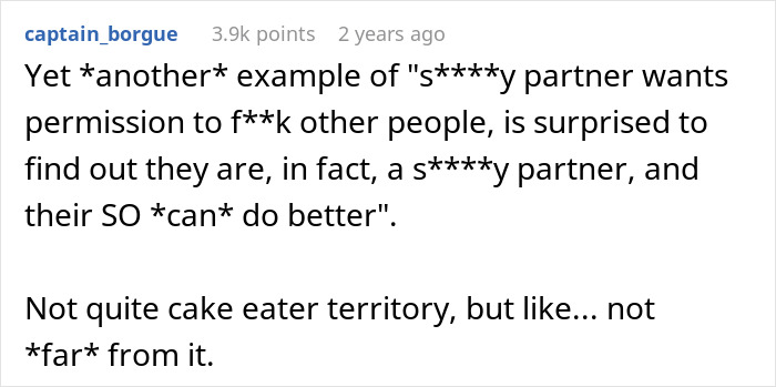 A screenshot of a Reddit comment about a partner's request for an open marriage and its consequences. A screenshot of a Reddit comment about a partner's request for an open marriage and its consequences.