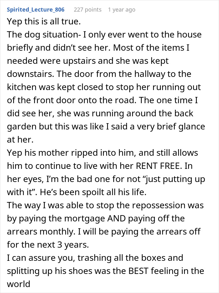 Screenshot of an online comment detailing the woman's life, the ex-husband, and the petty revenge of trashing his shoes. Screenshot of an online comment detailing the woman's life, the ex-husband, and the petty revenge of trashing his shoes.