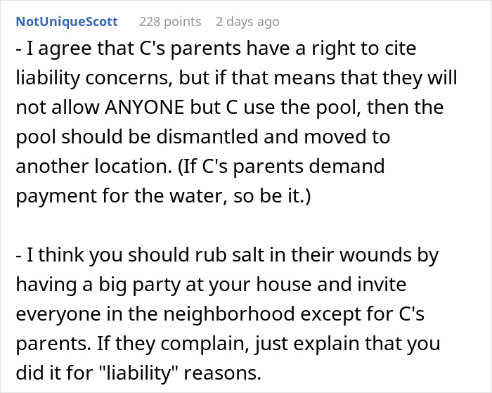 A Reddit comment suggesting dismantling the pool or having a party after parents deny pool access. A Reddit comment suggesting dismantling the pool or having a party after parents deny pool access.