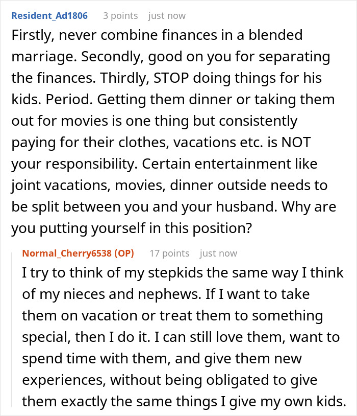 A Reddit comment advising a mom about funding her husband's kids and separating finances in a blended marriage. A Reddit comment advising a mom about funding her husband's kids and separating finances in a blended marriage.