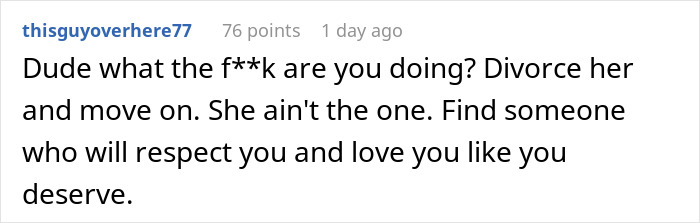 A comment advising to divorce after a wife's secret conversations, suggesting to move on and find respect. A comment advising to divorce after a wife's secret conversations, suggesting to move on and find respect.