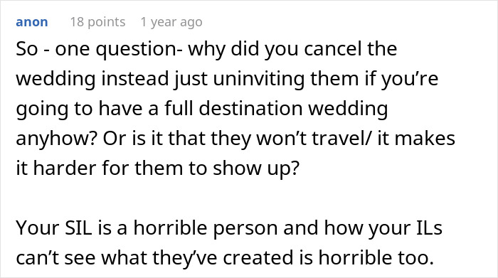 A comment about SIL bullying a brides deaf cousin, asking why the wedding was canceled instead of just uninviting them. A comment about SIL bullying a brides deaf cousin, asking why the wedding was canceled instead of just uninviting them.