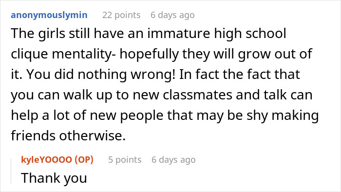 A screenshot of a Reddit comment from anonymouslymin discussing a guy joining female classmates to socialize. A screenshot of a Reddit comment from anonymouslymin discussing a guy joining female classmates to socialize.