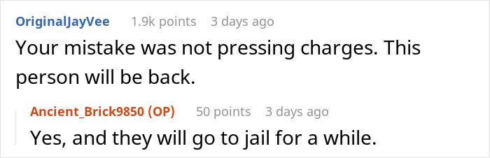 A screenshot of a comment about a squatter. The user advises to press charges against the squatter. A screenshot of a comment about a squatter. The user advises to press charges against the squatter.