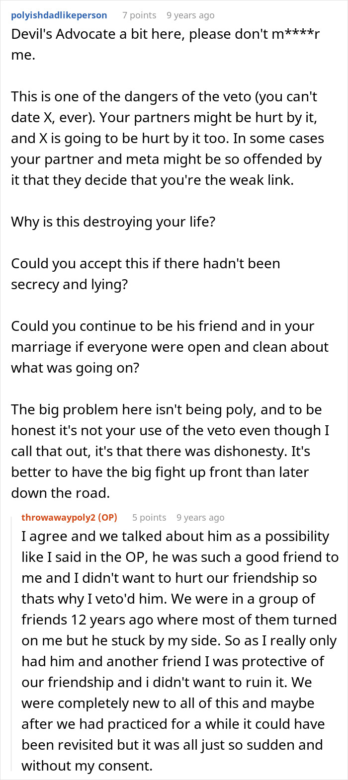 A close-up of a forum comment discussing a poly wife's secret relationship with her husband's best friend. A close-up of a forum comment discussing a poly wife's secret relationship with her husband's best friend.