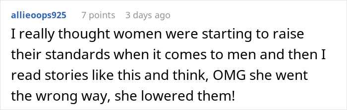 Reddit comment about a woman blocking a card to teach a fiancé a lesson about cleaning, questioning women's lowered standards. Reddit comment about a woman blocking a card to teach a fiancé a lesson about cleaning, questioning women's lowered standards.