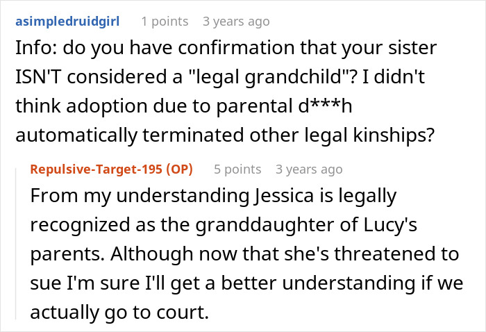 A Reddit comment section questioning the legal status of a woman's grandchild status after stepmom adoption. A Reddit comment section questioning the legal status of a woman's grandchild status after stepmom adoption.