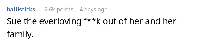 A comment advocating to sue the roommate and her family for the destroyed home. A comment advocating to sue the roommate and her family for the destroyed home.