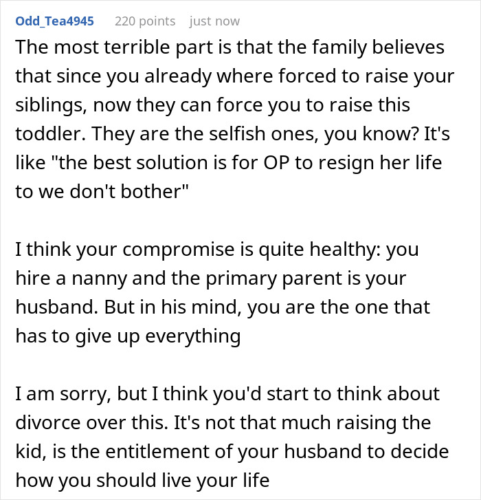 A screenshot of a comment suggesting a wife call an attorney regarding her husband's orphaned nephew and caregiver demands. A screenshot of a comment suggesting a wife call an attorney regarding her husband's orphaned nephew and caregiver demands.