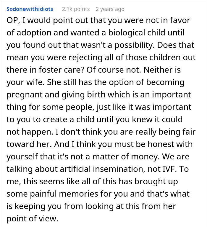Man questions marriage, considering his initial desire for a biological child and his wife's shocking beliefs about artificial insemination.