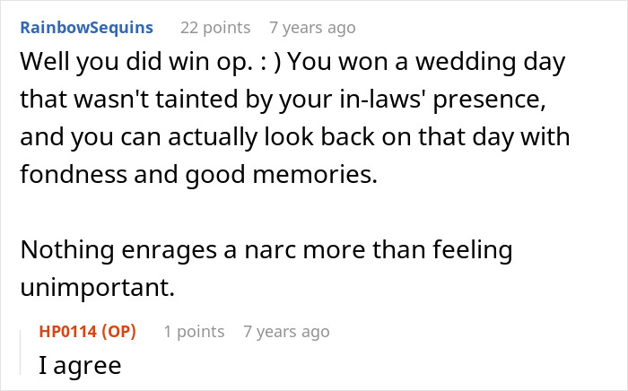 A screenshot of a Reddit comment praising the bride for having a wedding day free of in-laws and full of good memories. A screenshot of a Reddit comment praising the bride for having a wedding day free of in-laws and full of good memories.