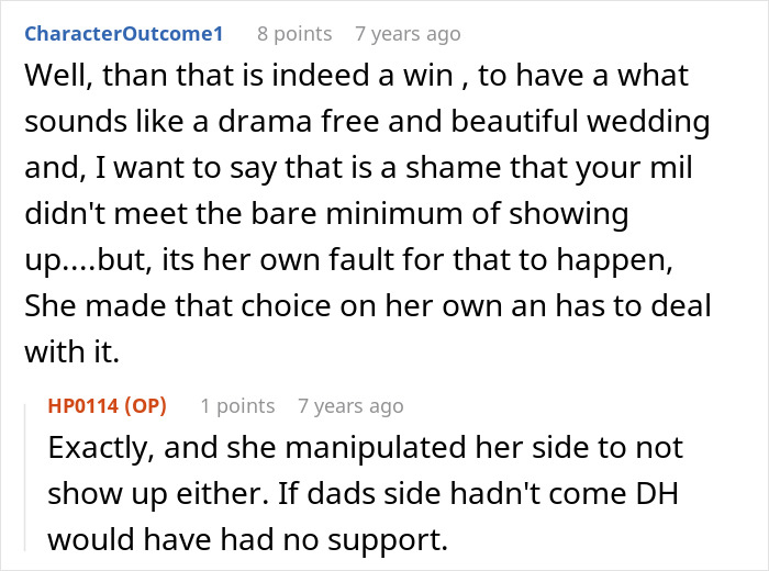 A social media comment discussing the bride's drama-free wedding and the MIL's absence from the event. A social media comment discussing the bride's drama-free wedding and the MIL's absence from the event.
