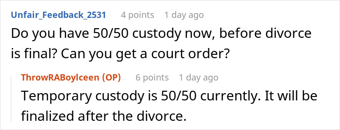 A screenshot of a Reddit discussion about a wife who cheats on husband, including details on custody demands. A screenshot of a Reddit discussion about a wife who cheats on husband, including details on custody demands.