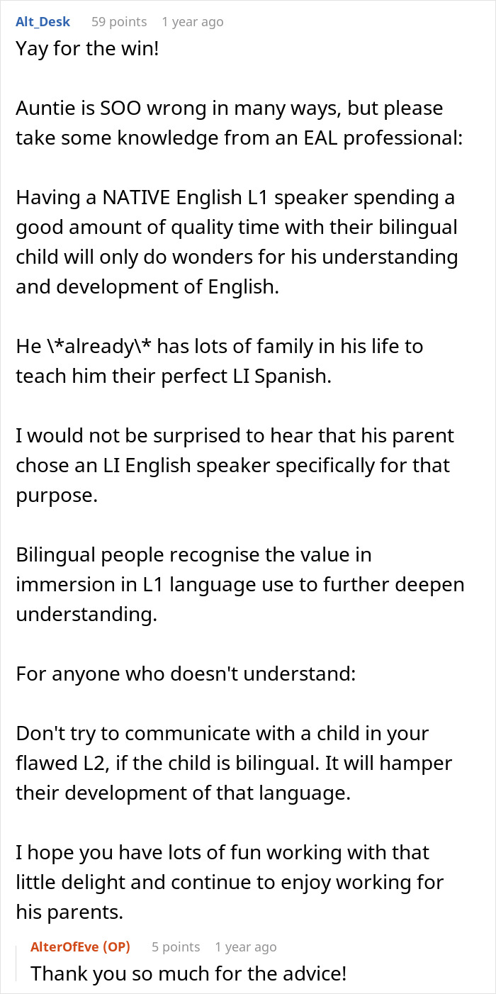 A lengthy comment advising against bullying a babysitter in her own language, emphasizing professional knowledge.