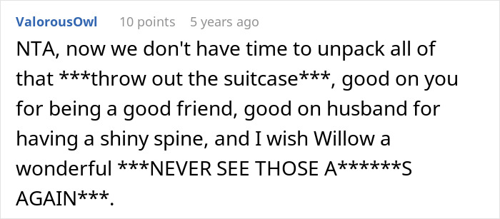A screenshot of a Reddit comment praising a woman's husband for supporting his wife's friend on family vacation despite in-laws tantrum. A screenshot of a Reddit comment praising a woman's husband for supporting his wife's friend on family vacation despite in-laws tantrum.