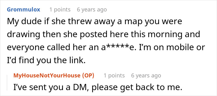 A Reddit comment about a woman moving into a guys house, showing a user asking for a direct message.