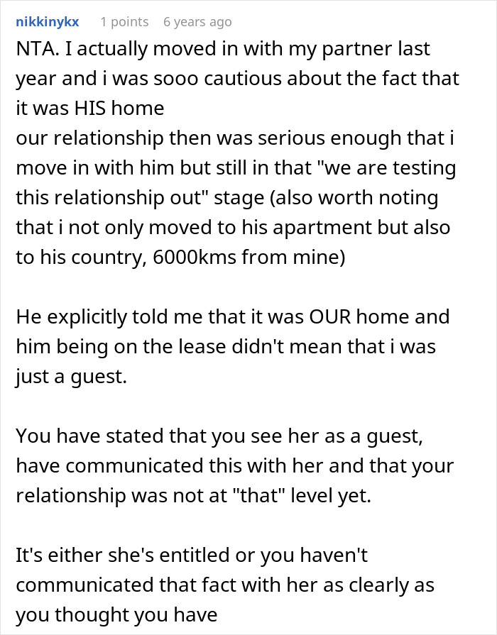 A Reddit comment regarding a woman moving into a guys house and the boundaries she ignores.