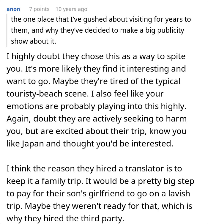 A screenshot of a comment on a cruel plan. The user suggests the family's actions might not be malicious, but a family trip. A screenshot of a comment on a cruel plan. The user suggests the family's actions might not be malicious, but a family trip.