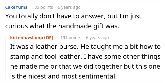 Screenshot of a comment where a user asks about the gift an ex-MIL wants back, revealing it was a leather purse. Screenshot of a comment where a user asks about the gift an ex-MIL wants back, revealing it was a leather purse.