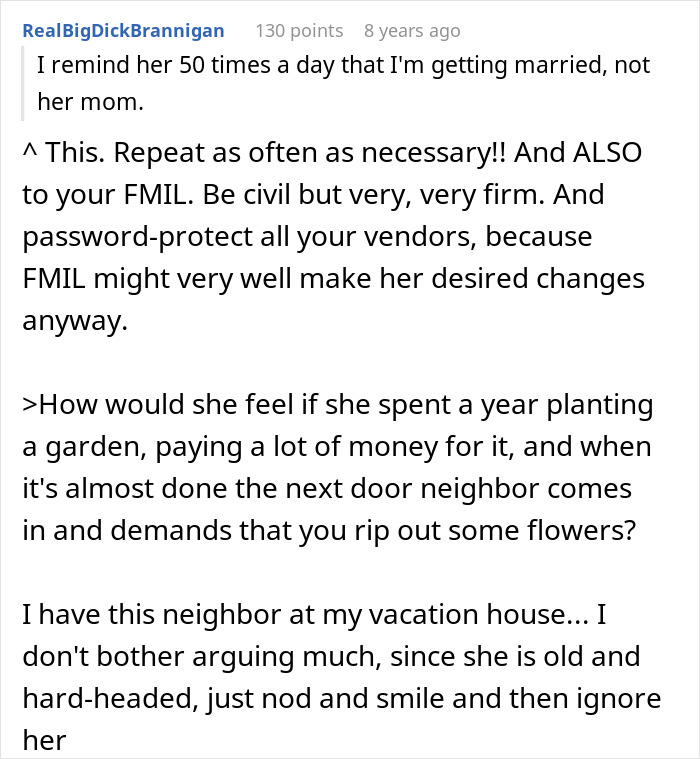 A comment advising a furious bride to be firm with her MIL for the wedding and password-protect vendors. A comment advising a furious bride to be firm with her MIL for the wedding and password-protect vendors.