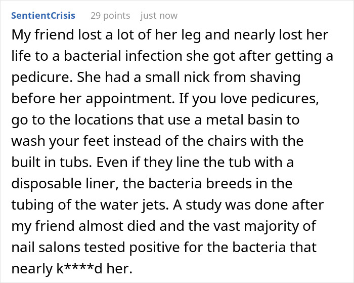 A social media comment detailing a friend losing a leg to bacterial infection after a pedicure, warning women about salons. A social media comment detailing a friend losing a leg to bacterial infection after a pedicure, warning women about salons.