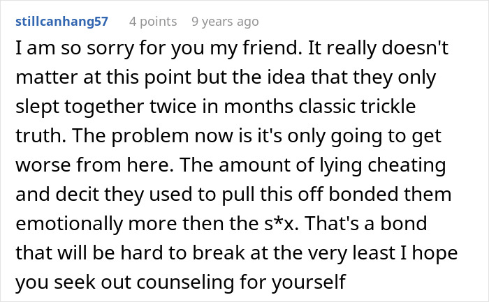 A close-up of a forum comment expressing sympathy for a husband whose poly wife secretly dated his best friend. A close-up of a forum comment expressing sympathy for a husband whose poly wife secretly dated his best friend.