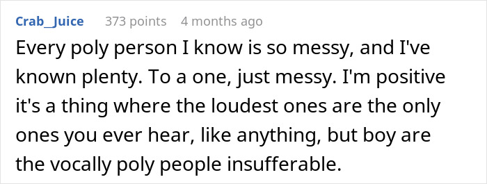 Poly wife makes hubby's best friend her boyfriend: screenshot of a comment about poly people being messy. Poly wife makes hubby's best friend her boyfriend: screenshot of a comment about poly people being messy.