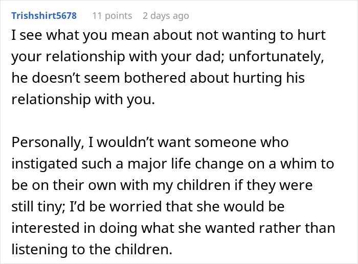 A screenshot of a Reddit comment discussing a woman's desire for motherhood through grandkids. A screenshot of a Reddit comment discussing a woman's desire for motherhood through grandkids.