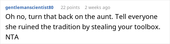 A screenshot of a comment about a family free table tradition and an aunt treating it like a free-for-all.