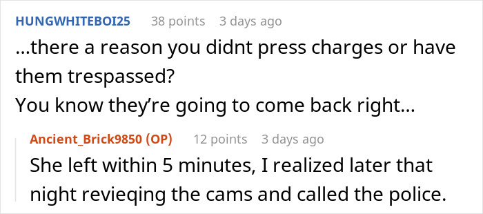 A screenshot of a comment about a squatter. The user asks if charges were pressed against the squatter. A screenshot of a comment about a squatter. The user asks if charges were pressed against the squatter.