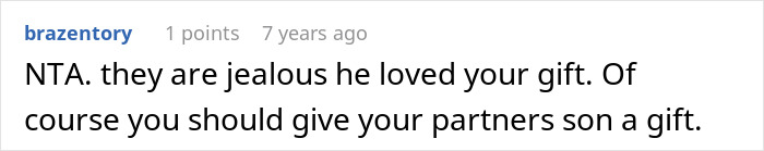 Reddit comment discussing grandma accusing person of buying stepson's love with gifts, showing true colors.