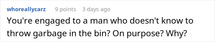 A social media comment questioning why the fiancé doesn't clean, after the blocked card lesson. A social media comment questioning why the fiancé doesn't clean, after the blocked card lesson.