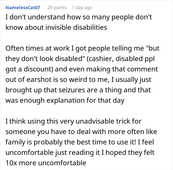 A woman with a disability pops her joint out to prove her condition to a doubting relative.