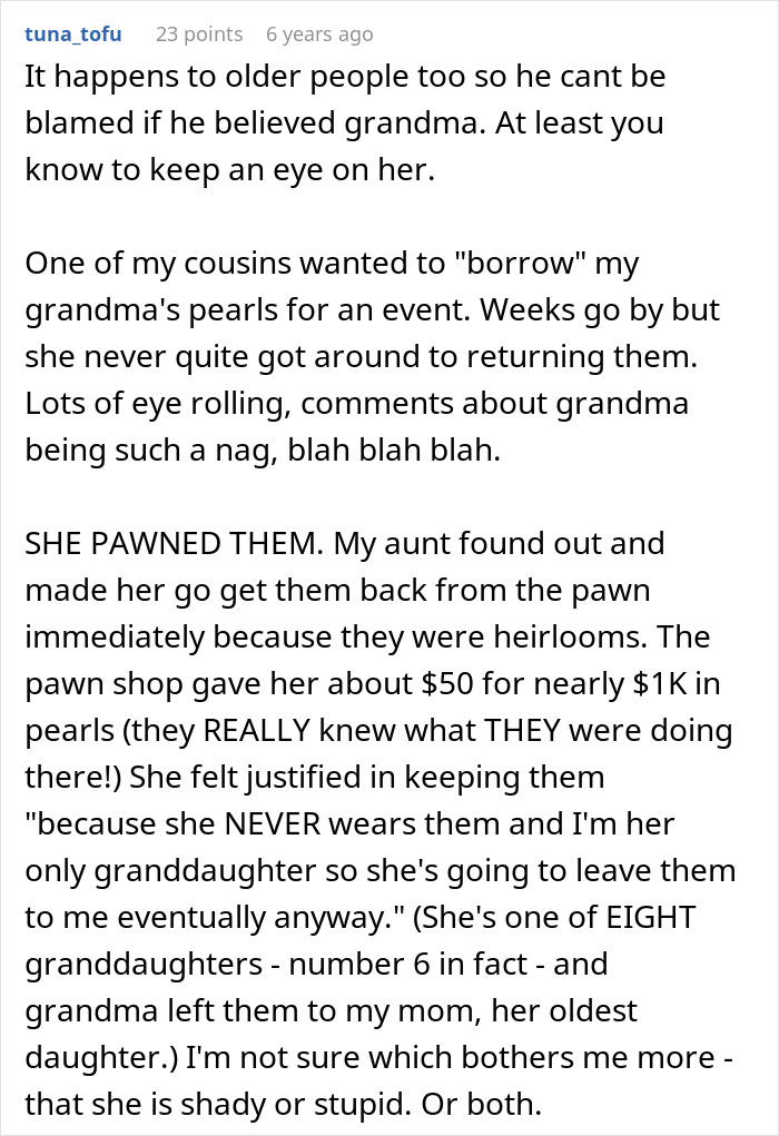 A user shares a story about a grandma pawning pearls, relating to the story about a grandma accusing someone of buying stepson's love.