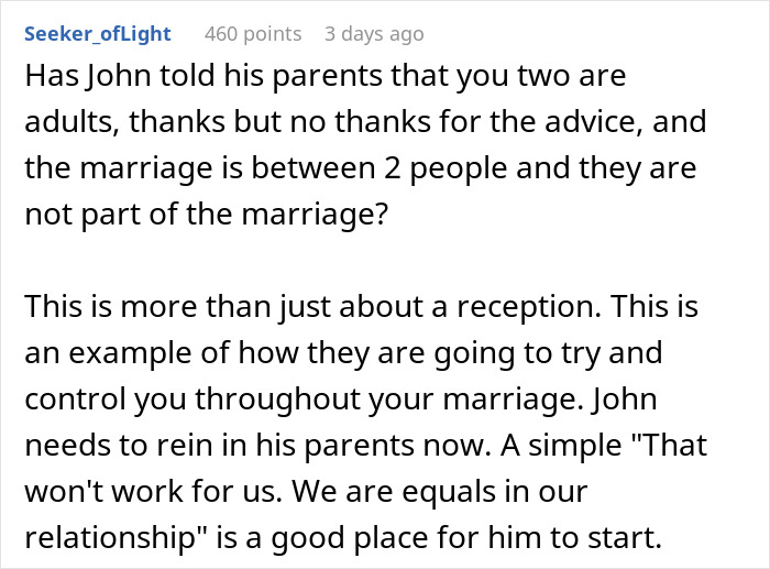 Screenshot of a comment on marriage advice, suggesting John should address his parents and their control over the marriage. Screenshot of a comment on marriage advice, suggesting John should address his parents and their control over the marriage.