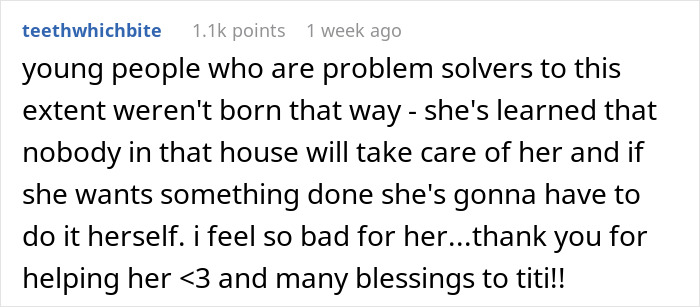 A comment emphasizing a young girl's problem-solving skills, expressing gratitude for helping a friend of 20 years and her daughter. A comment emphasizing a young girl's problem-solving skills, expressing gratitude for helping a friend of 20 years and her daughter.