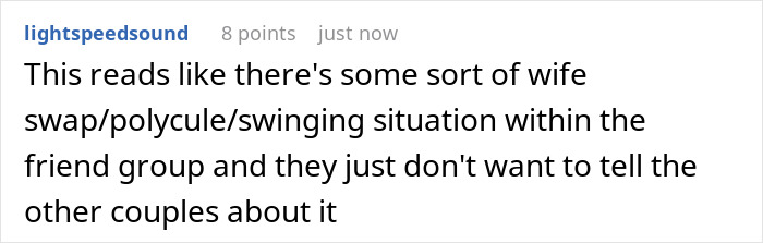 A screenshot of a Reddit comment suggesting a group affair among friends before the vacation. A screenshot of a Reddit comment suggesting a group affair among friends before the vacation.
