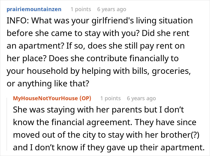 A screenshot of a forum discussion providing context on a woman's living situation and the guy's house boundaries.