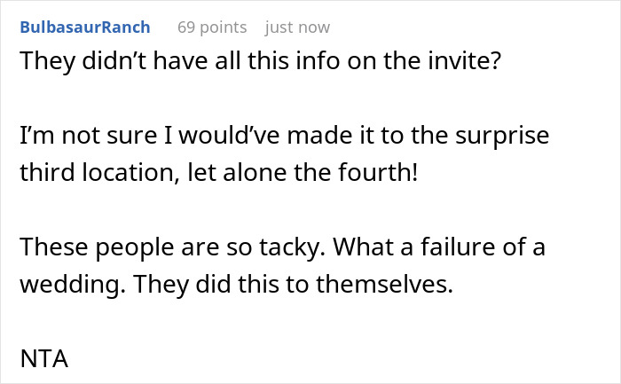 A screenshot of a Reddit comment criticizing a 4-venue wedding for its poor planning and lack of information on the invite.