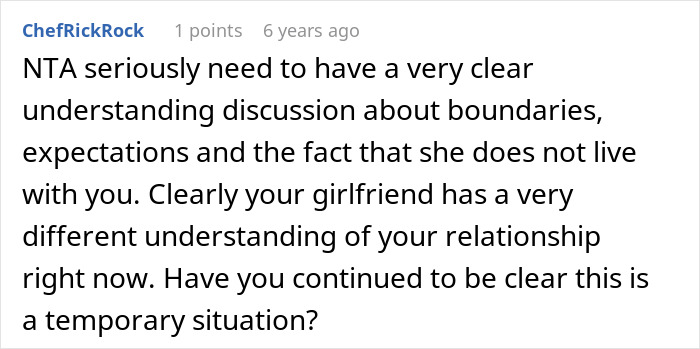 A Reddit comment about discussing boundaries when a woman moves into a guy's house.