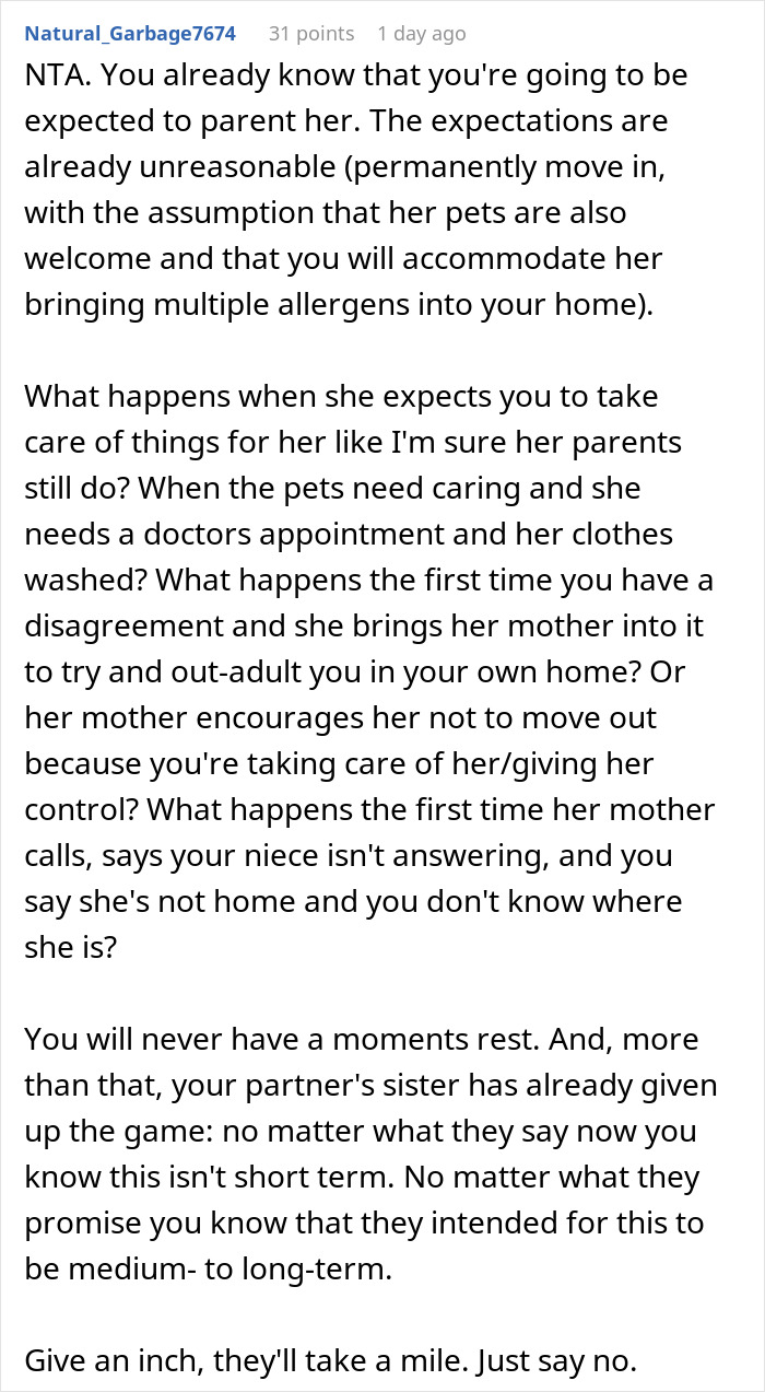A screenshot of a detailed Reddit comment explaining reasons against housing a 25YO niece, citing unreasonable expectations. A screenshot of a detailed Reddit comment explaining reasons against housing a 25YO niece, citing unreasonable expectations.