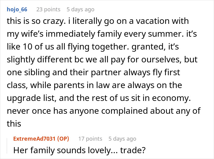 A Reddit comment relating to a MIL and SIL going ballistic during a family trip after flight ticket upgrades. A Reddit comment relating to a MIL and SIL going ballistic during a family trip after flight ticket upgrades.