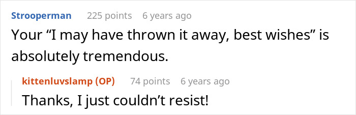 Screenshot of a comment thread where a user praises the idea of refusing to return a gift to an ex-MIL. Screenshot of a comment thread where a user praises the idea of refusing to return a gift to an ex-MIL.