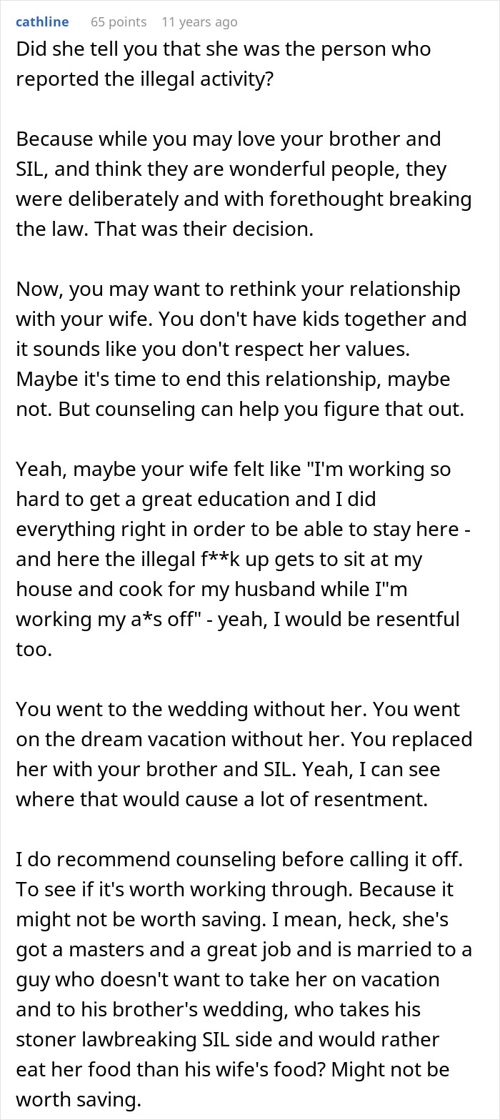 A detailed Reddit comment providing advice and context on the wife's jealousy and the resulting deportation.