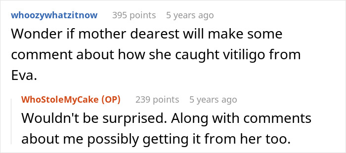 Reddit comments discussing the mother's insulting behavior regarding vitiligo and her hypocrisy.