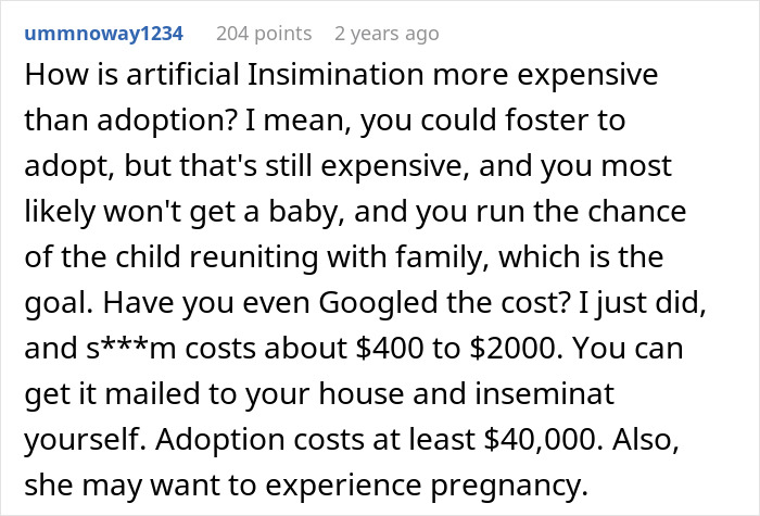 A screenshot of a Reddit comment comparing the costs of artificial insemination and adoption to conceive.