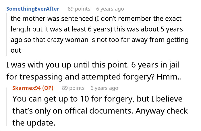 Screenshot of comments discussing the mom's trespassing, forgery, and six-year sentence for letting her kids trespass. Screenshot of comments discussing the mom's trespassing, forgery, and six-year sentence for letting her kids trespass.