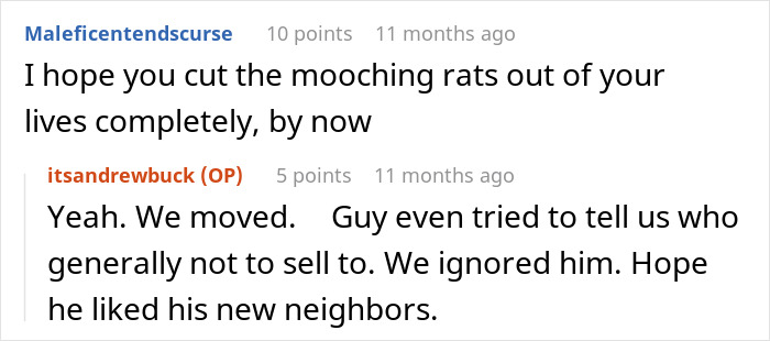 A screenshot of a comment about a couple realizing neighbors found someone to pay their bills, discussing moving. A screenshot of a comment about a couple realizing neighbors found someone to pay their bills, discussing moving.