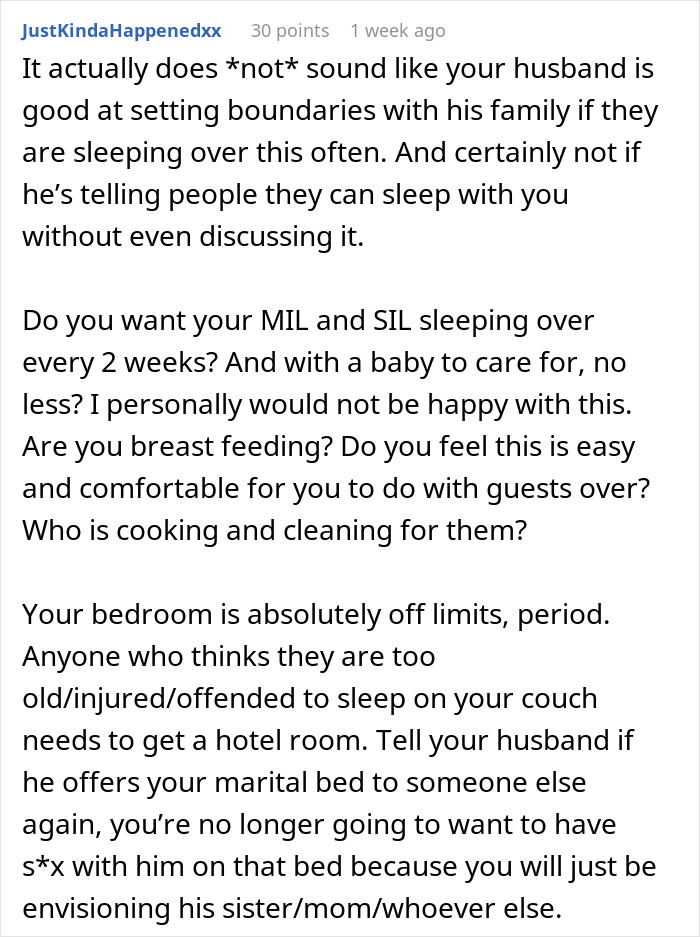 A detailed comment on abysmal decision making, discussing boundaries, in-laws, and defending the marital bed.