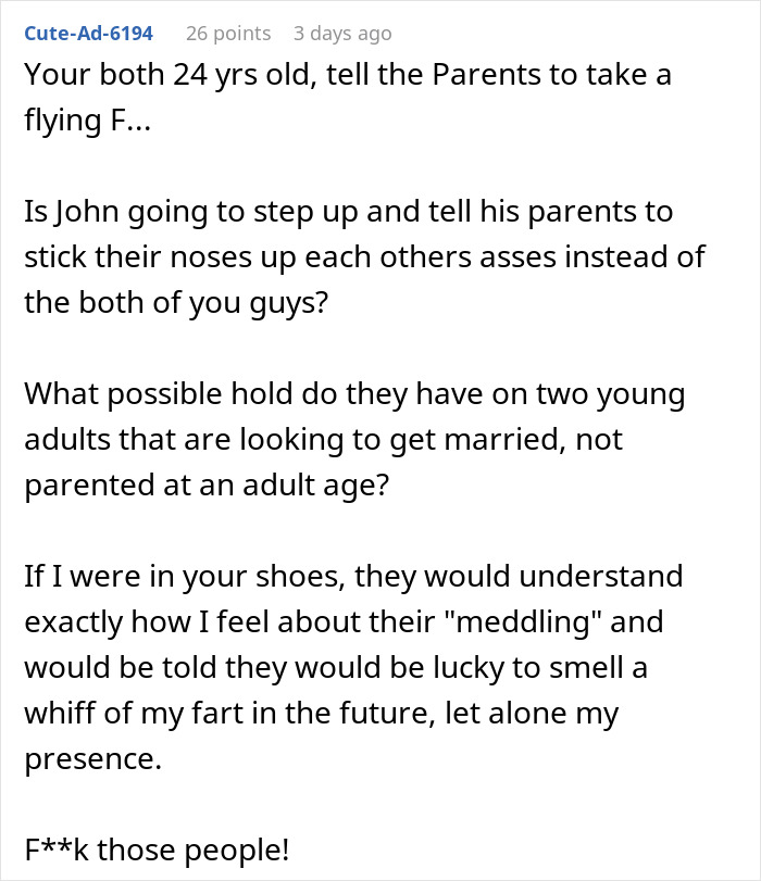 A comment on the wedding reception and marriage advice, criticizing the in-laws' meddling. A comment on the wedding reception and marriage advice, criticizing the in-laws' meddling.